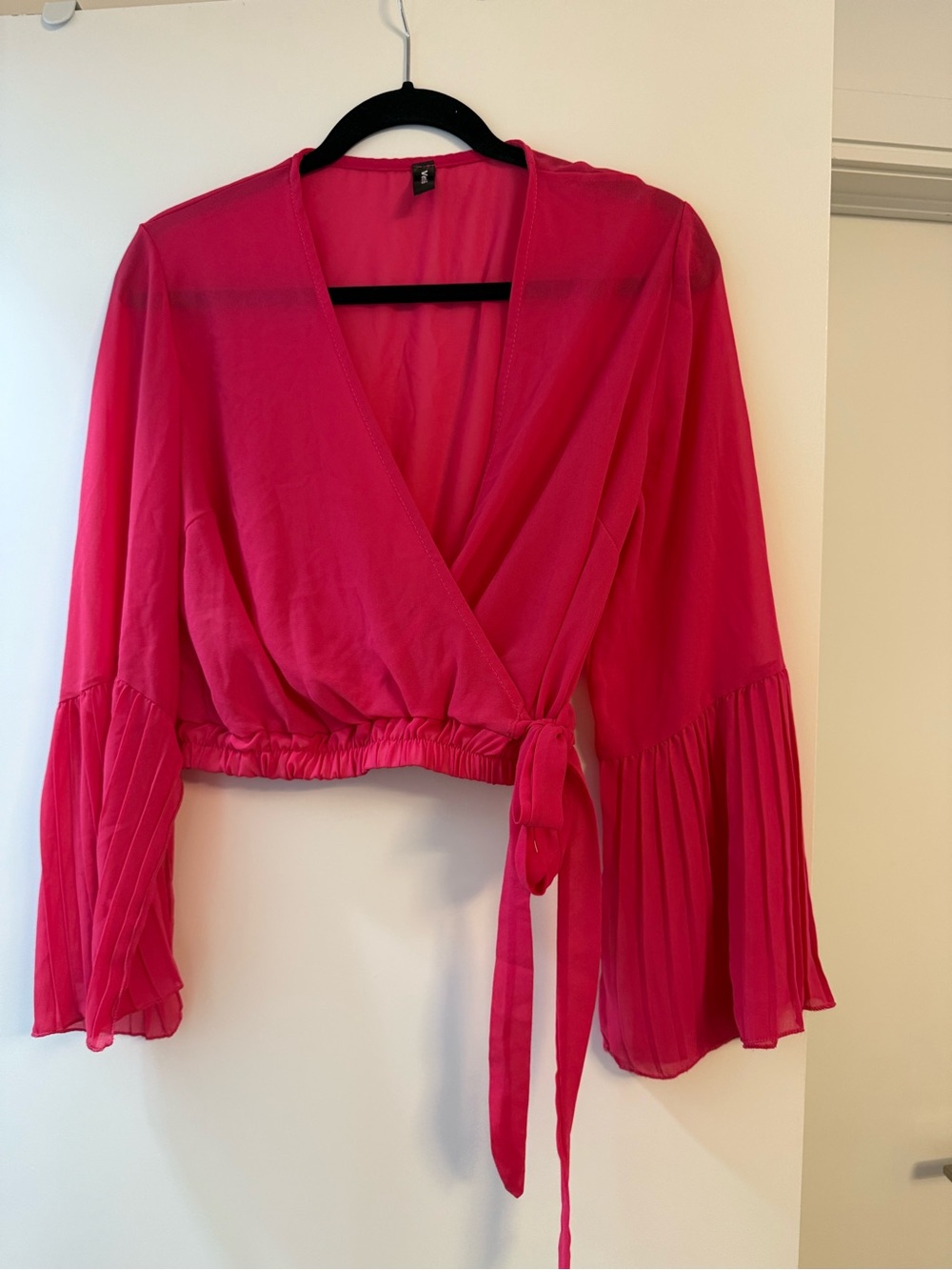 Womens Fuchsia Wrap Blouse with Pleated Bell Sleeves